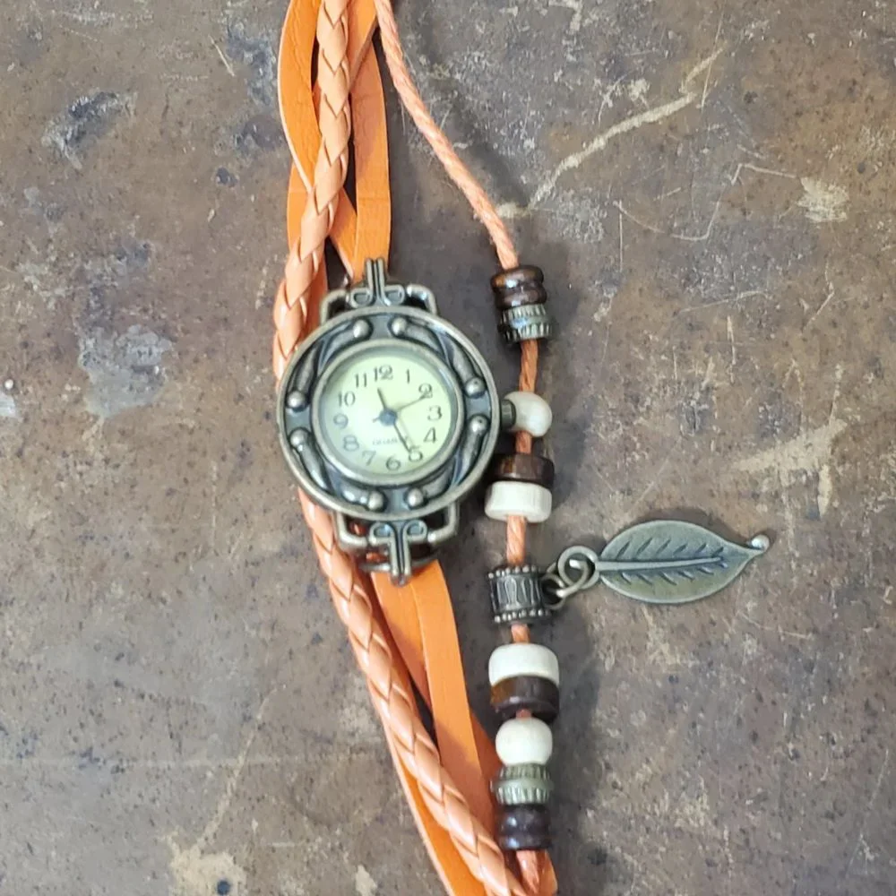 Beaded Bracelet Boho Watch - Leaf Charm - Orange - Picture 7 of 9